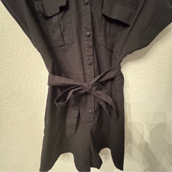 Women's Black Linen Blend Collared Romper - Picture 5 of 11